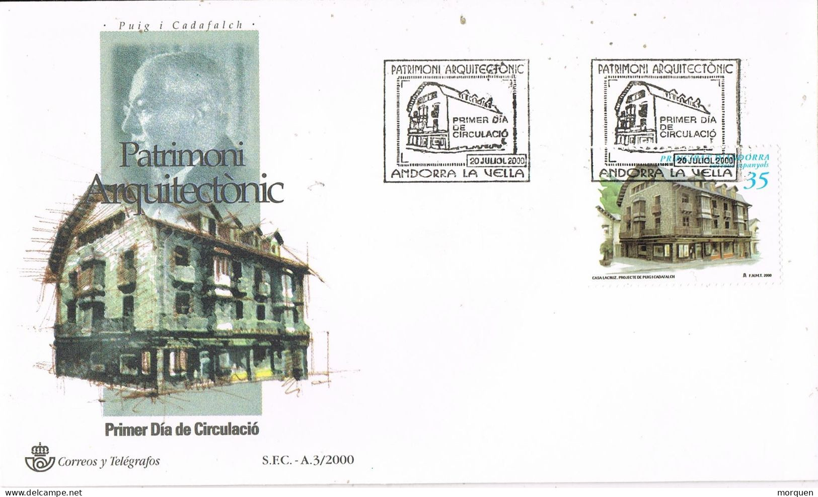 54590. Carta F.D.C. ANDORRA La VIEJA (Andorra Española) 2000. Patrimonio ARQUITECTONICO. Casa Lacruz - Brieven En Documenten