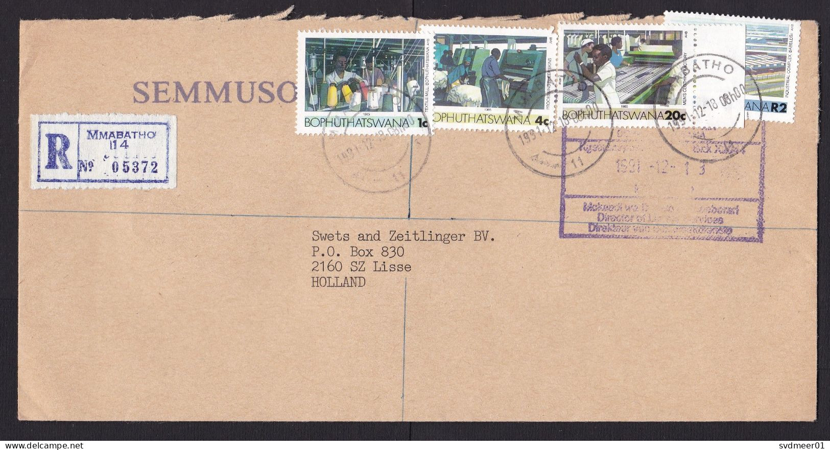 Bophuthatswana: Registered Cover To Netherlands, 1991, 4 Stamps, Textile Industry, Rare R-label (roughly Opened) - Bophuthatswana