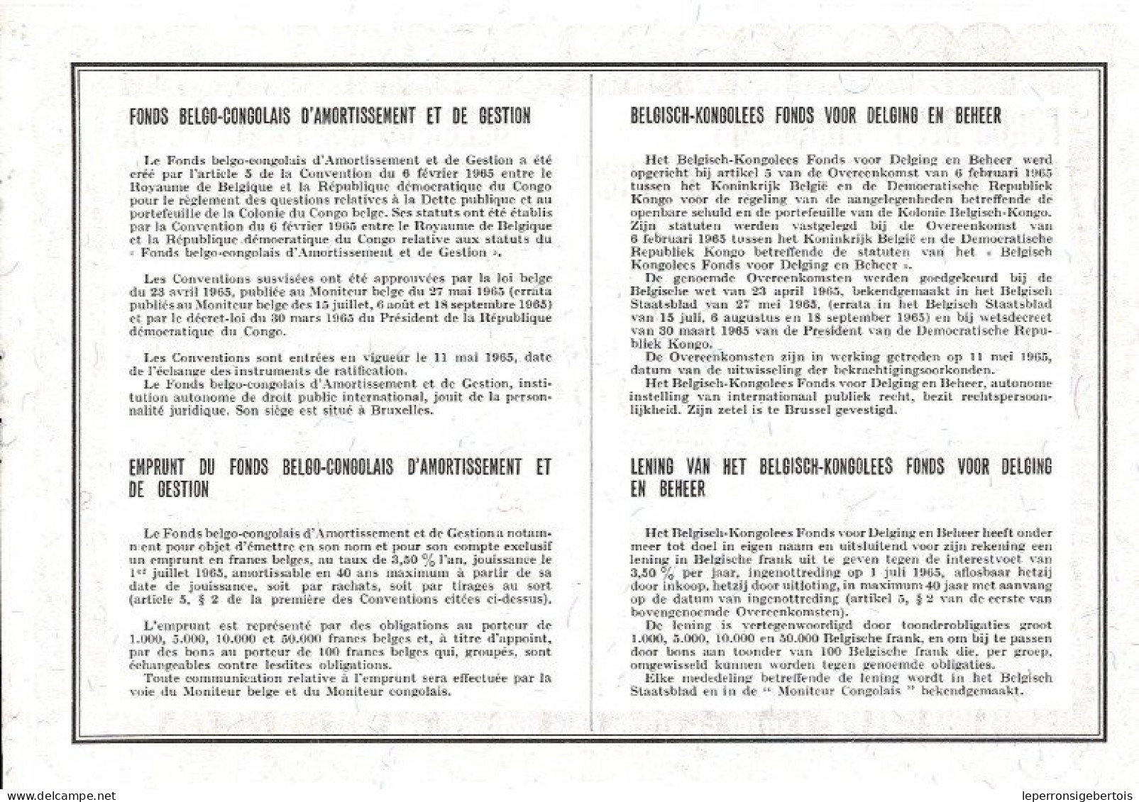 Titre De 1965- Fonds Belgo-Congolais D'Amortissement Et De Gestion - Emprunt 1965 - 2005 3,5 % - A - C