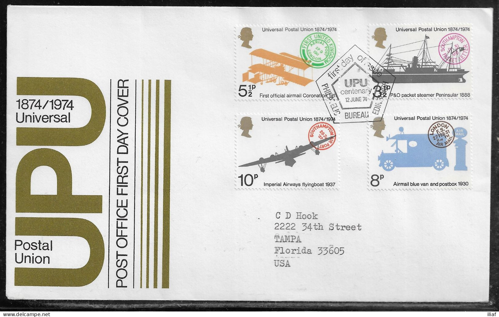 United Kingdom Of Great Britain.  FDC Sc. 720-723.  Centenary Of U.P.U. (Universal Postal Union).  FDC Cancellation - 1971-1980 Decimal Issues