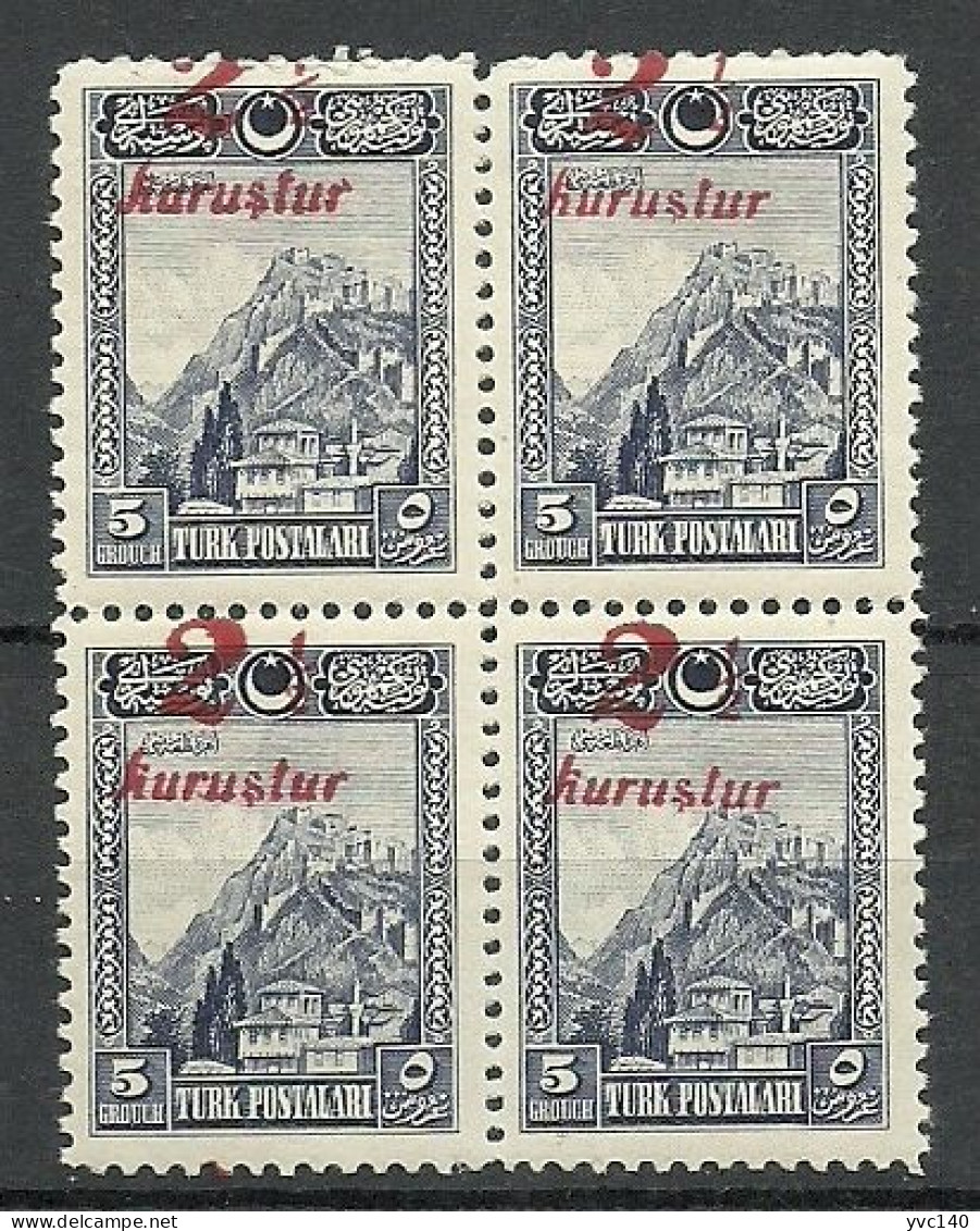 Turkey; 1929 Surcharged Postage Stamp 2 1/2 K. "Shifted Overprint" ERROR (Block Of 4) - Ungebraucht