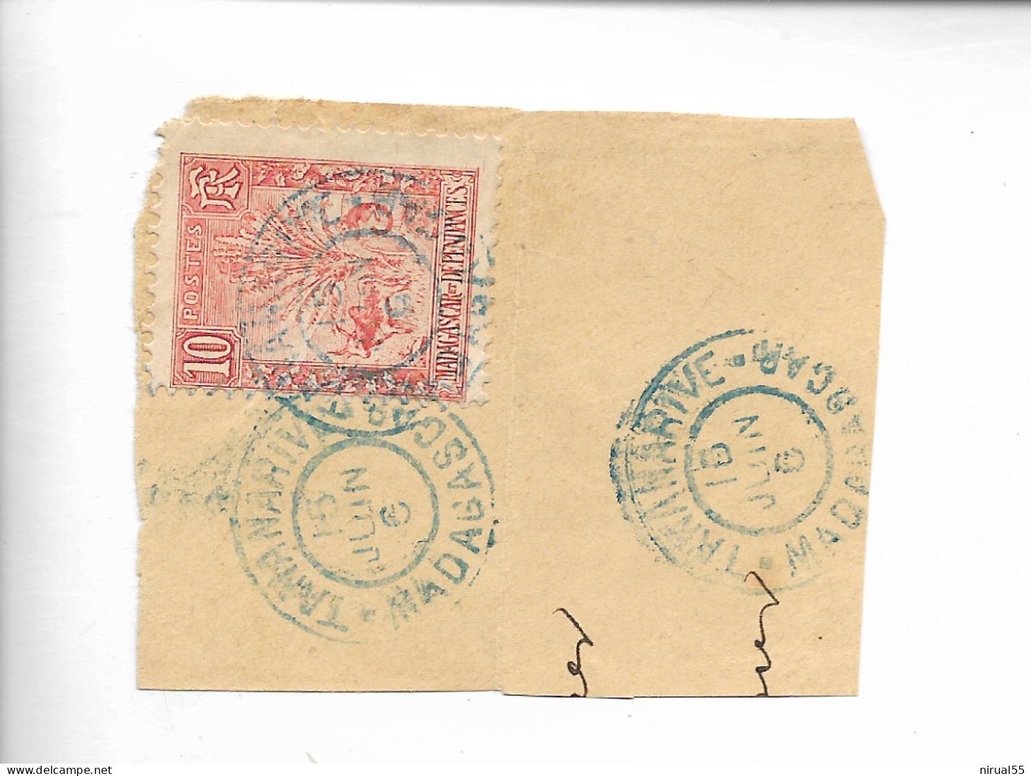 TANANARIVE  Madagascar CAD Bleu Sur 10c(cachet Chiffre 6 Au Lieu De 06 Ou 1906) Fragment  .    G - Other & Unclassified
