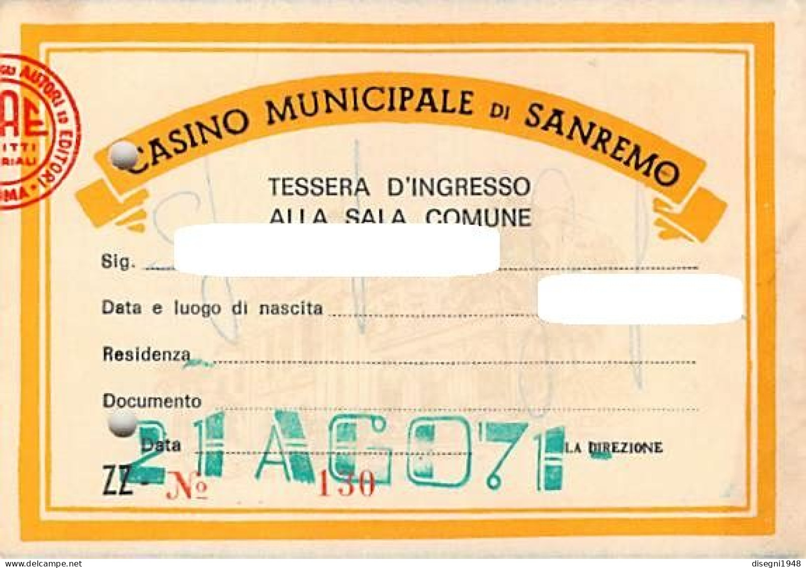 12722 "CASINO MUNICIPALE DI SANREMO - TESSERA D'INGRESSO ALLA SALA COMUNE N° 130 - 1971" ORIG. - Other & Unclassified