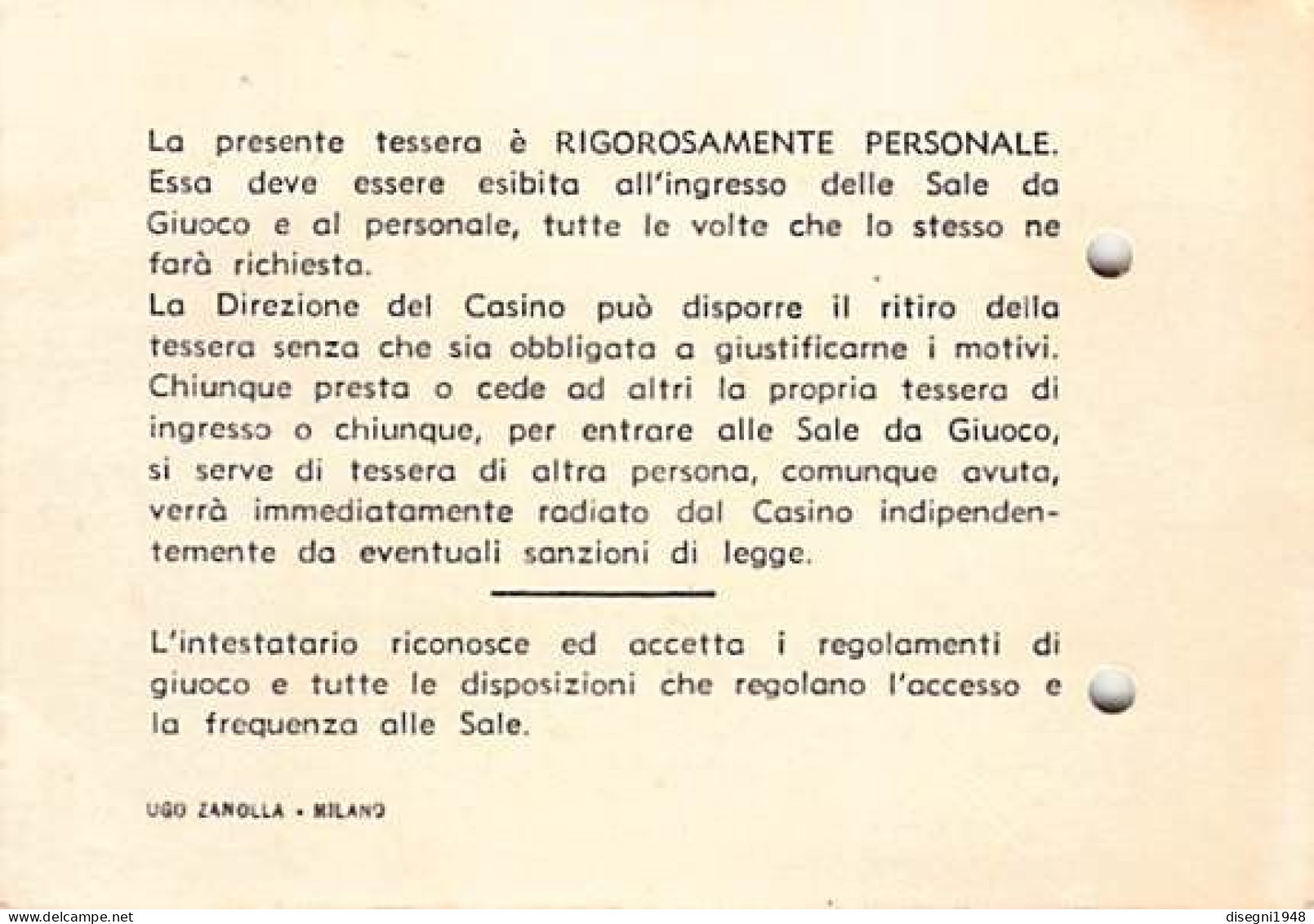 12722 "CASINO MUNICIPALE DI SANREMO - TESSERA D'INGRESSO ALLA SALA COMUNE N° 130 - 1971" ORIG. - Andere & Zonder Classificatie