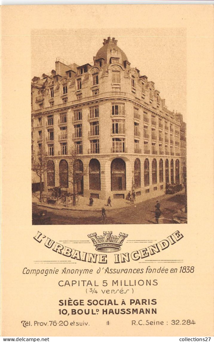 PARIS-75009- L'URNAINE INCENDIE- CAMPAGNIE ANONYME D'ASSURANCES FONDEE EN 1838- 10 BLD HAUSSMANN - District 09