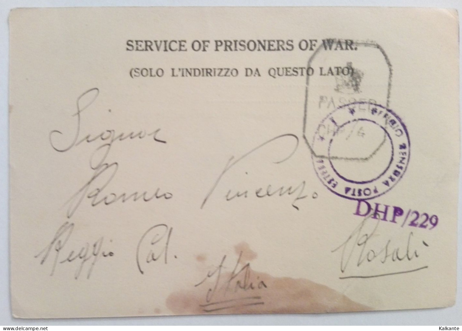 1943 - SERVICE OF PRISONERS OF WAR - From BOMBAY To REGGIO CALABRIA - Militaria