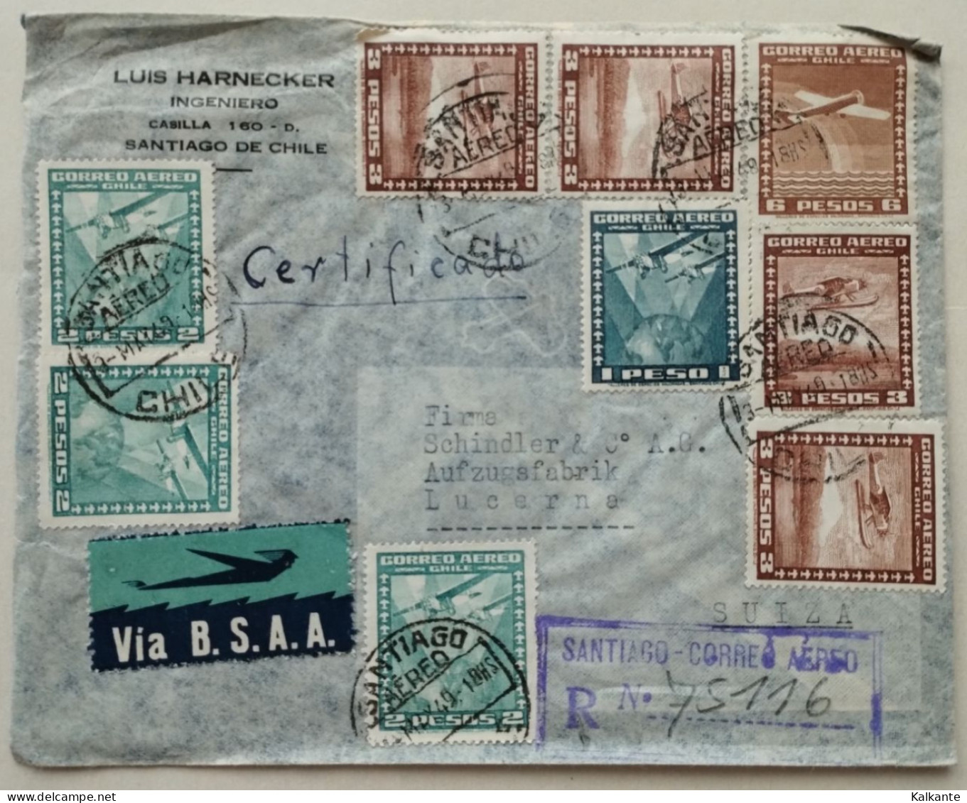 1949 - ENVELOPED TRAVELLED FROM SANTIAGO DEL CHILE TO LUZERN - Chile