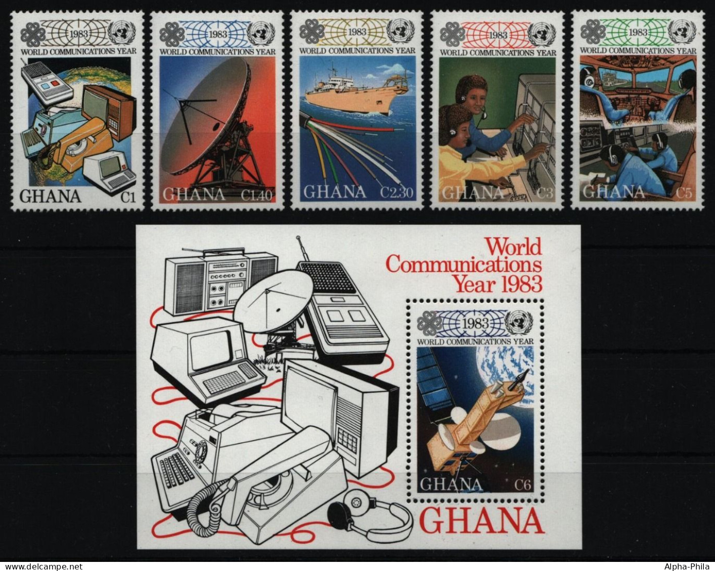 Ghana 1983 - Mi-Nr. 983-987 & Block 101 ** - MNH - Weltkommunikationsjahr - Ghana (1957-...)