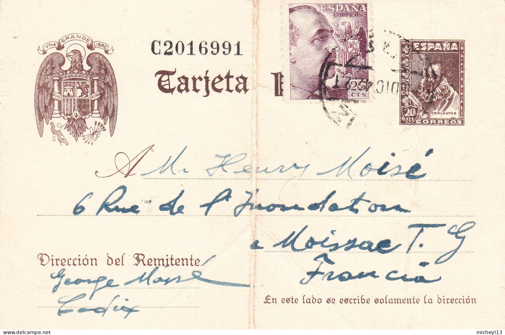 Espagne-entier Postal (carte Postale) Ayant Voyagé En 1942-Miguel Cerventes- - Enteros Postales