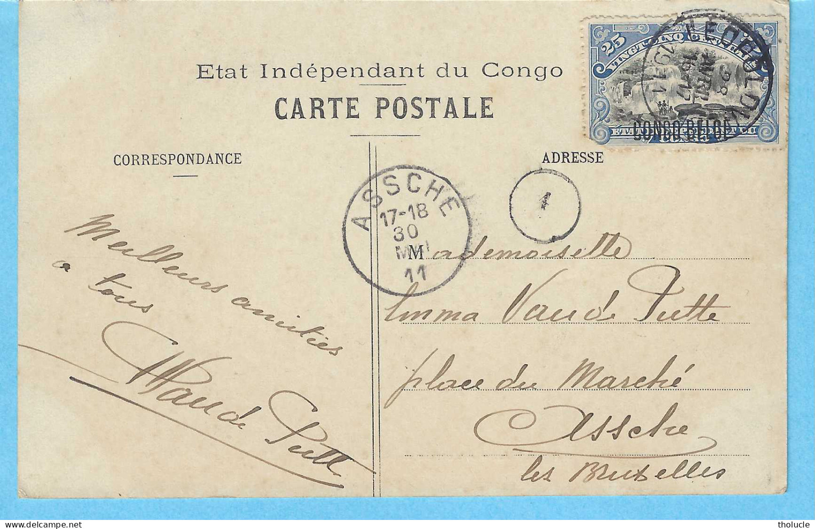 Timbre Mols 25c-Etat Indépendant Du Congo Surchargé "CONGO BELGE" 33L-cachet LEOPOLDVILLE 1911-Banana-Av. De Cocotiers - Brieven En Documenten