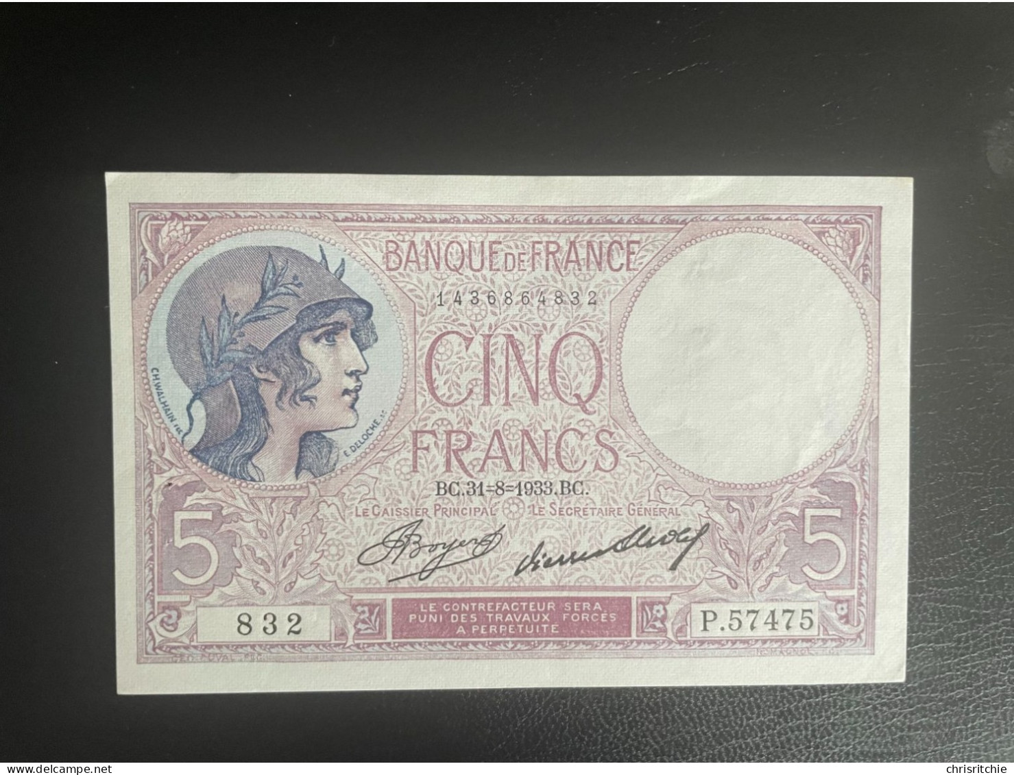 Billet, France, 5 Francs, 5 F 1917-1940 ''Violet'', 1933, 1933-08-31, SUP+ - 5 F 1917-1940 ''Violet''