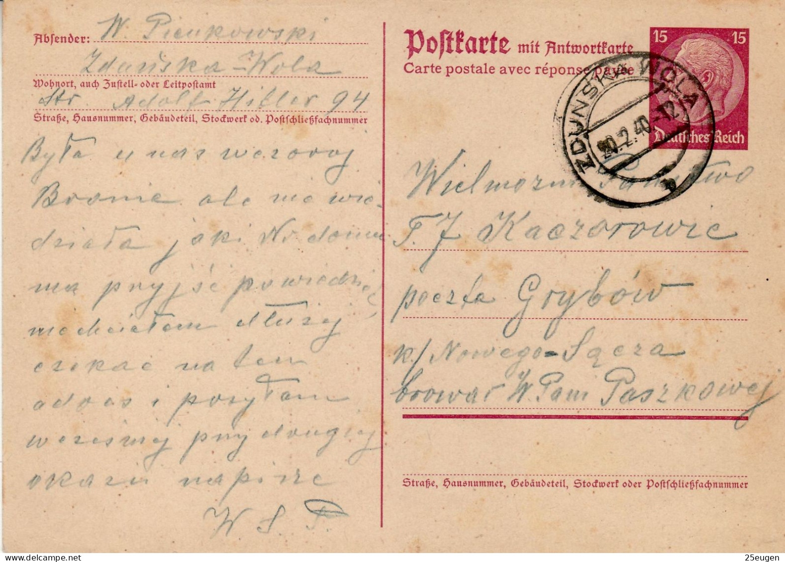 GERMAN OCCUPATION 1940 POSTCARD MiNr 230 F SENT FROM ZDUŃSKA WOLA TO GRYBÓW - Otros & Sin Clasificación