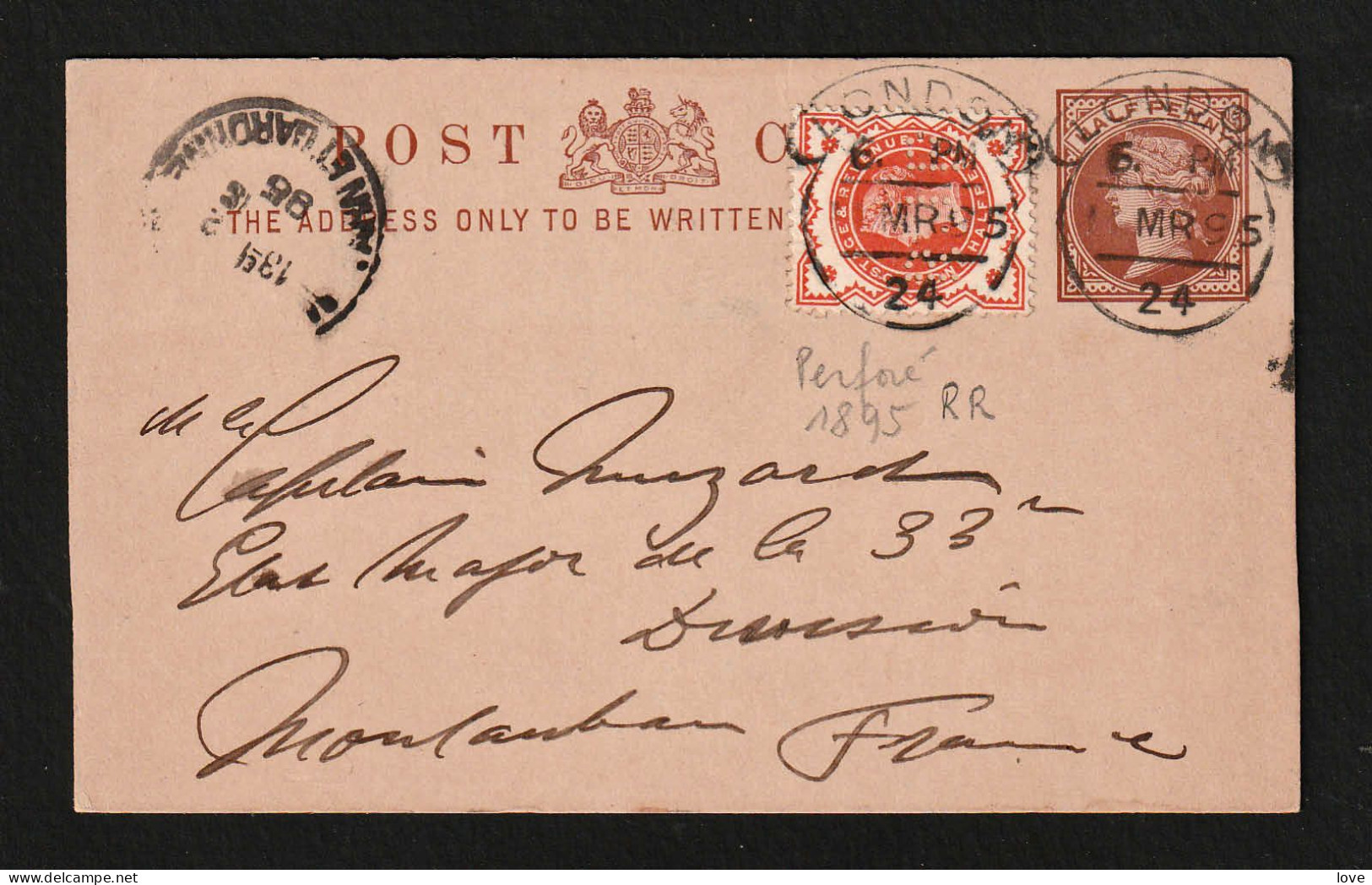 GRANDE-BRETAGNE Rare Timbre Perforé Sur Un Entier Postal Obl. London 11/03/1895, SUPERBE - Perforés
