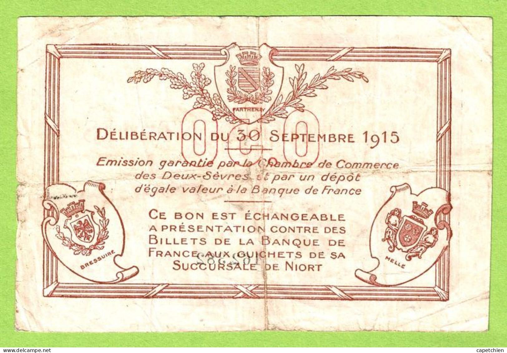 FRANCE / CHAMBRE De COMMERCE DES 2 SÈVRES / 50 CENTIMES  / 30 SEPTEMBRE 1915 / N° 162382 - Camera Di Commercio