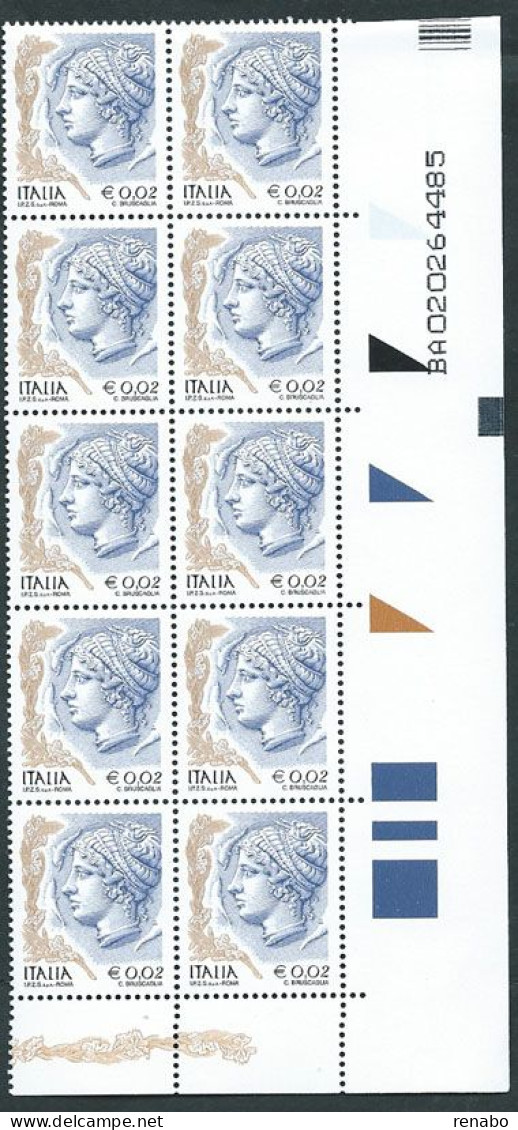 Italia 2003; La Donna Nell' Arte Da € 0,02 S.p.A.: Blocco D' Angolo Di 10 Francobolli Con Codice Alfanumerico. - 2001-10: Ungebraucht