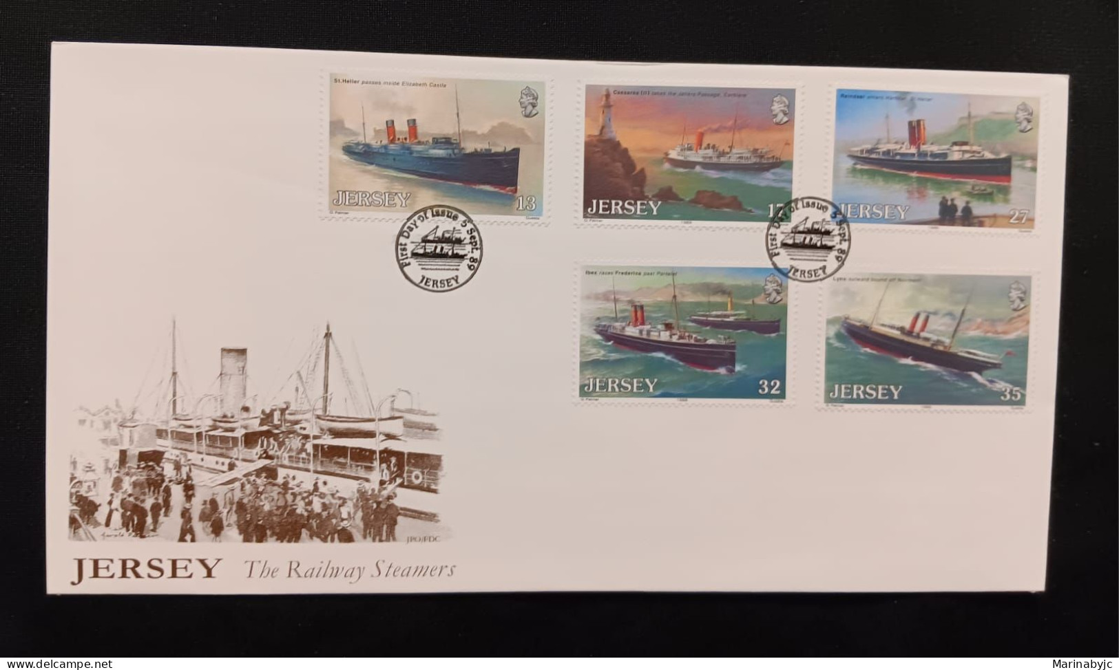 DM)1989, JERSEY, FIRST DAY COVER, ISSUE, SHIPS, SAINT HÉLIER, CAESSAREA II AND FARO DE CORBIÈRE, REINDEER, IBEX AND FRED - Jersey