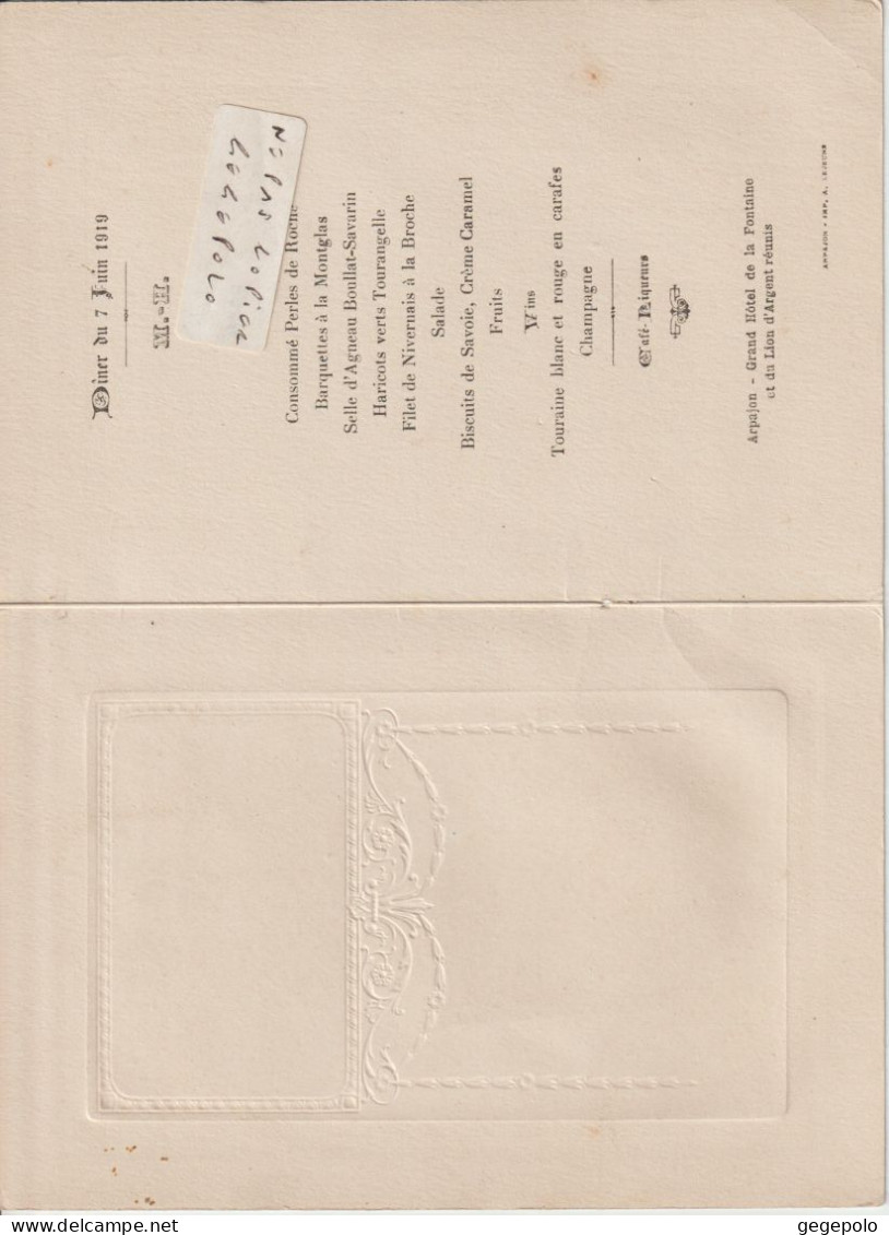 ( 91 ) ARPAJON - Menu Du Dîner Du 7 Juin 1919 Au Grand Hôtel De La Fontaine Et Du Lion D' Argent Réunis - Menükarten