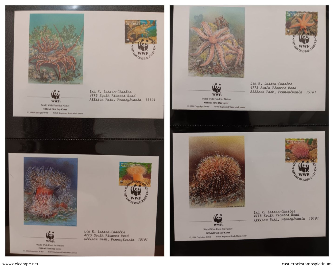 O) 1993 ALDERNEY,  WWF - WORLD WILDLIFE FUND, MARINE LIFE, PALINURUS, METRIDIUM, LUIDIA, MILIARIS. FDC XF - Alderney