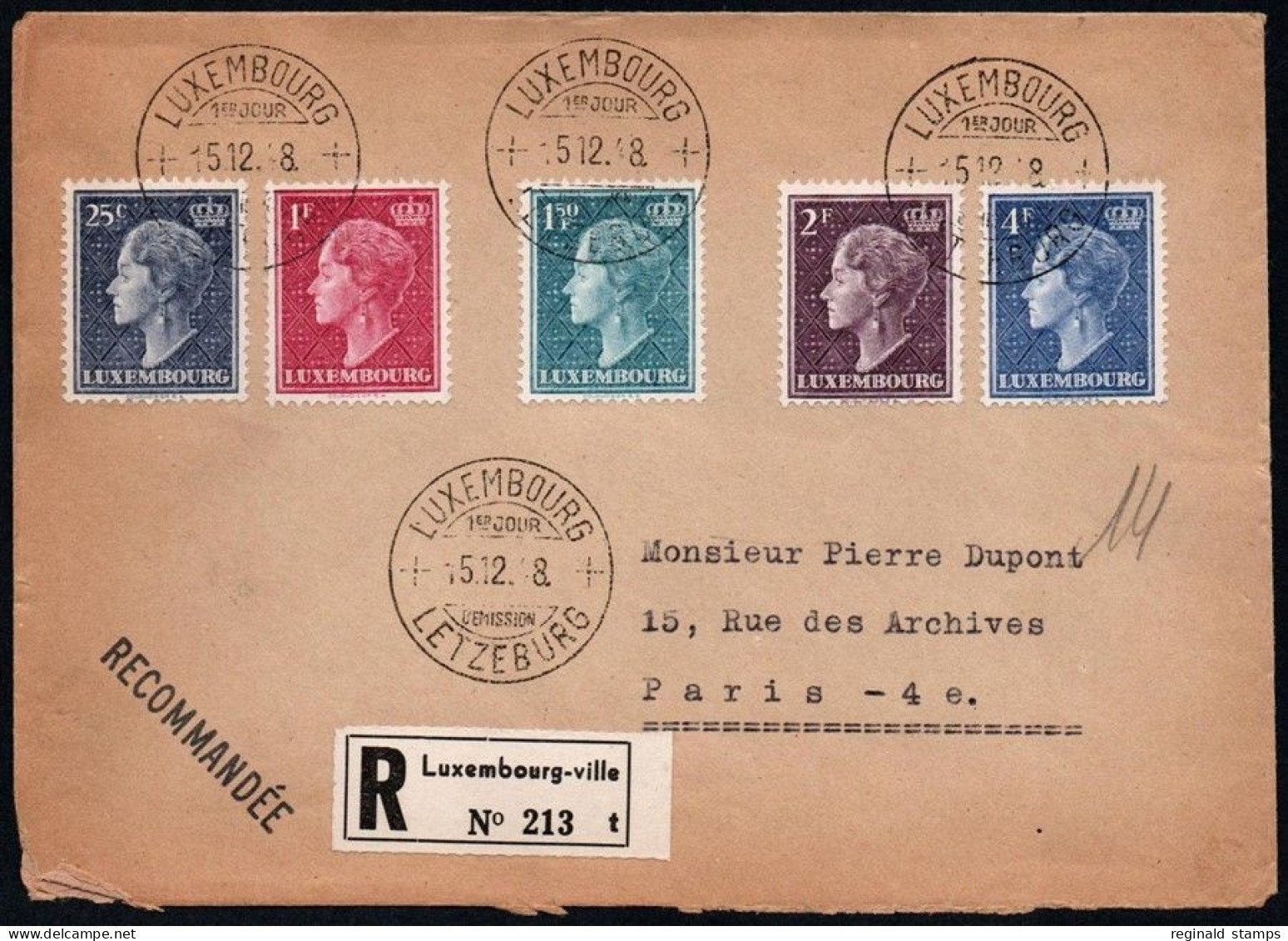 Luxembourg 1948 GD Charlotte Defins FDC Mi  (Ref: 2038) - Lettres & Documents