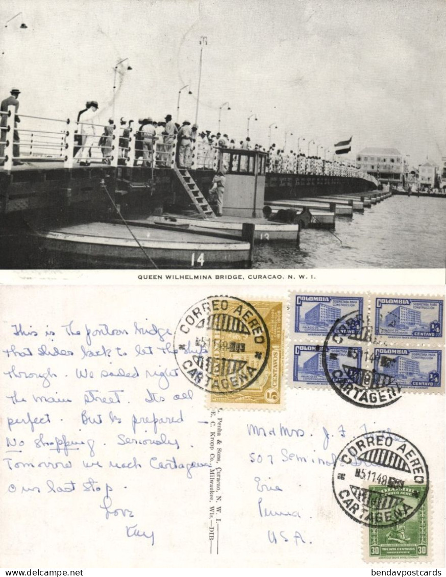 Curacao, N.W.I., WILLEMSTAD, Queen Wilhelmina Pontoon Bridge 1948 Kropp Postcard - Curaçao