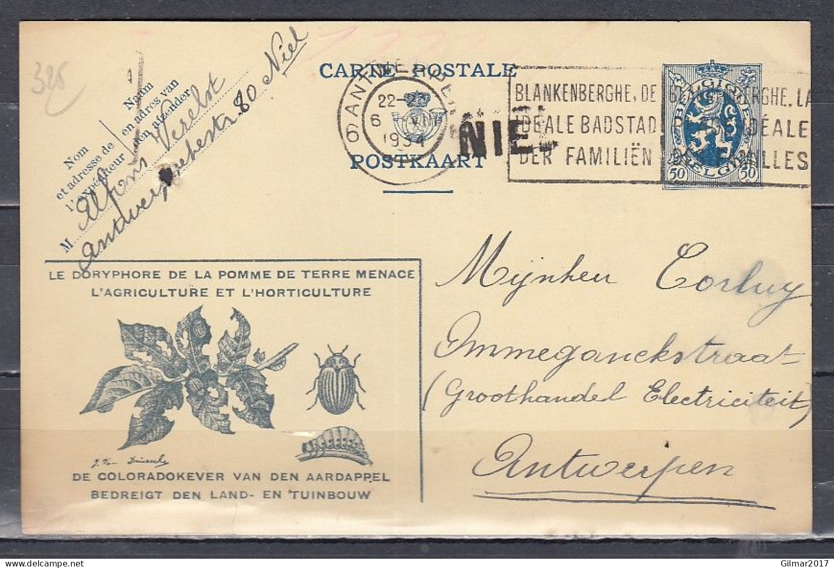 Postkaart Van Antwerpen 6 Naar Antwerpen Met Langstempel Niel - Langstempel