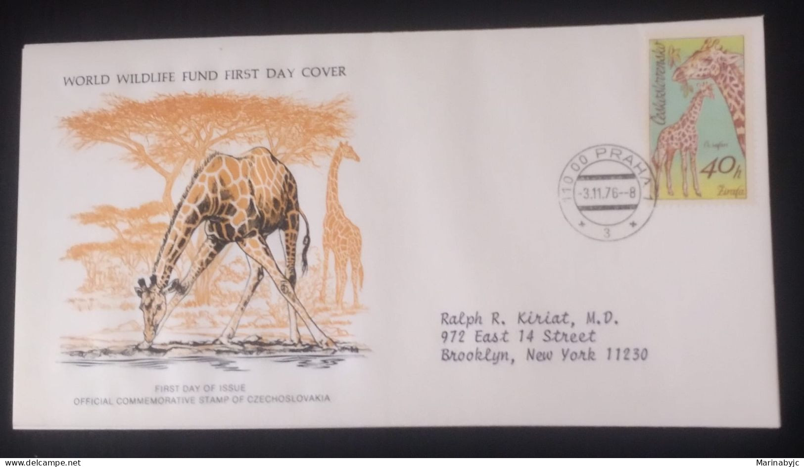 EL)1976 CZECHOSLOVAKIA, WORLD WILDLIFE FUND, WWF, DVURKRALOVE NATURE PARK, GIRAFFE, CIRCULATED TO NEW YORK - USA, FDC - Neufs