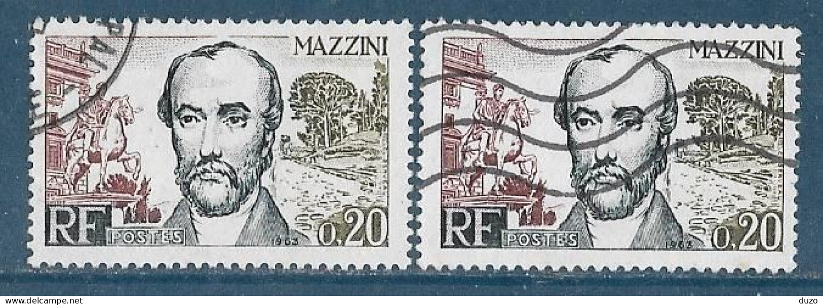 France 1963 - Variété - Y&T N° 1384 Mazzini (oblit) 1 Exemplaire Normal Gris Clair + 1 Gris Foncé. - Usati