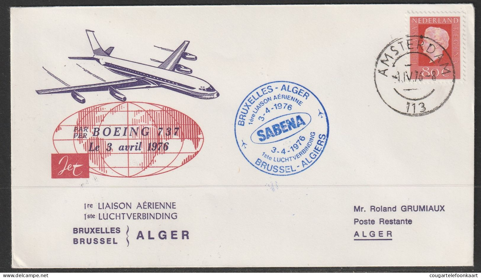 1976, Sabena, First Flight Cover, Amsterdam - Alger/Algiers, Feeder Mail - Luftpost