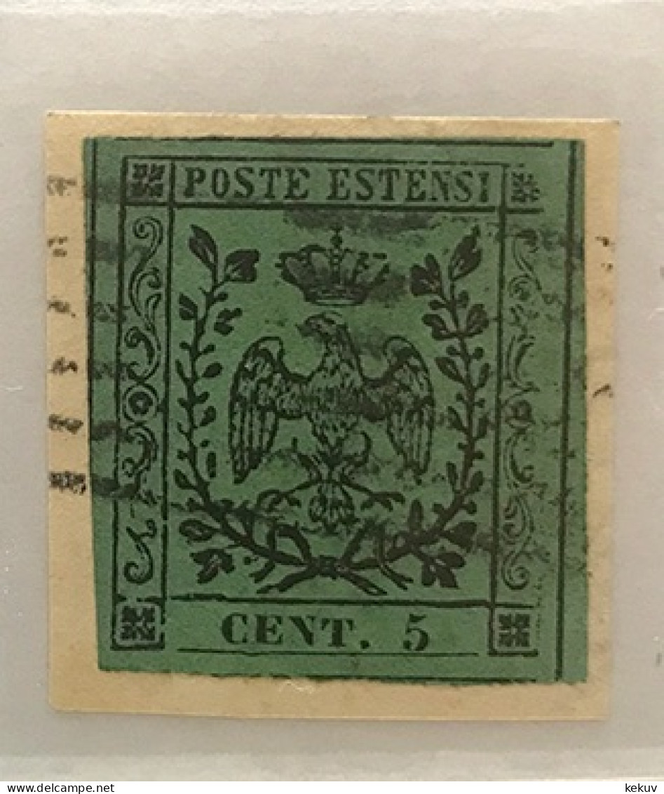 Módena 1852 - 5 C. Con Punto - Verde - Usato - Quattro Ottimi Margini - Esemplare Di Alta Qualità - Frammento. - Modène