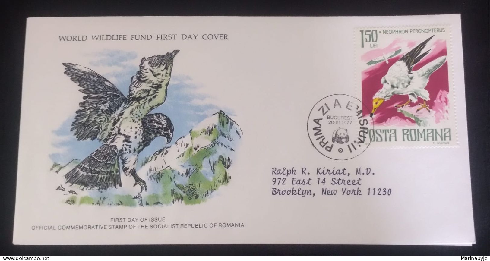 EL)1977 ROMANIA, WORLD WILDLIFE FUND, WWF, PROTECTED FAUNA, OSPREY, CIRCULATED TO NEW YORK - USA, FDC - Neufs