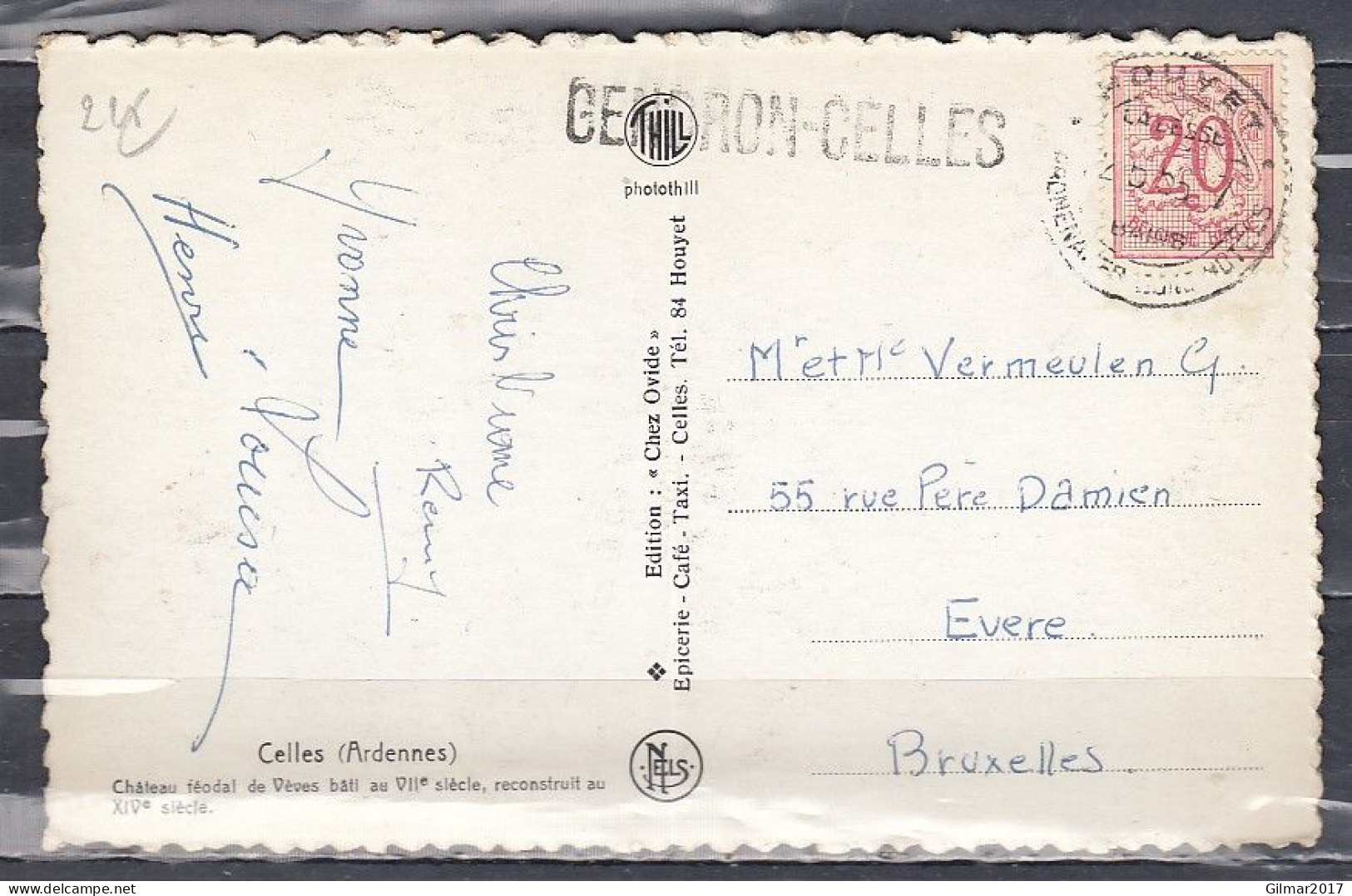 Postkaart Van Houyet Naar Evere Met Langstempel Gendron-Celles - Linear Postmarks