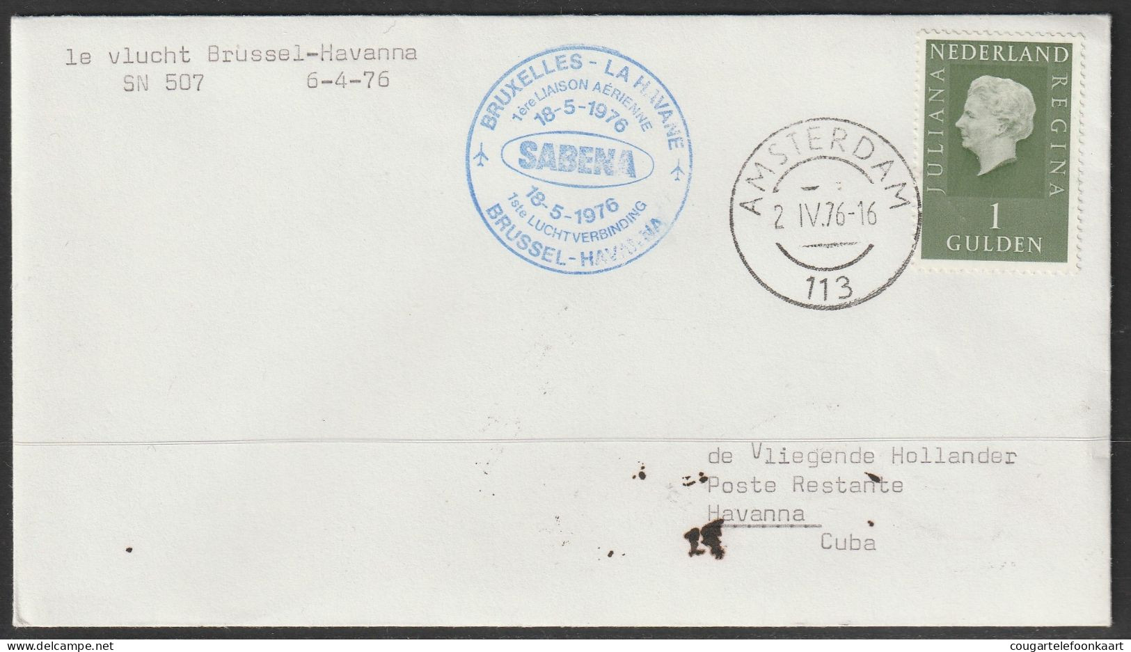 1976, Sabena, First Flight Cover, Amsterdam - Havanna Cuba/Kuba, Feeder Mail - Posta Aerea