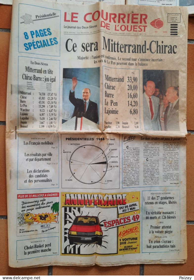 3 Journaux Courrier De L'ouest Élection Présidentiel Mitterrand Contre Chirac En 1988 - Geschiedenis