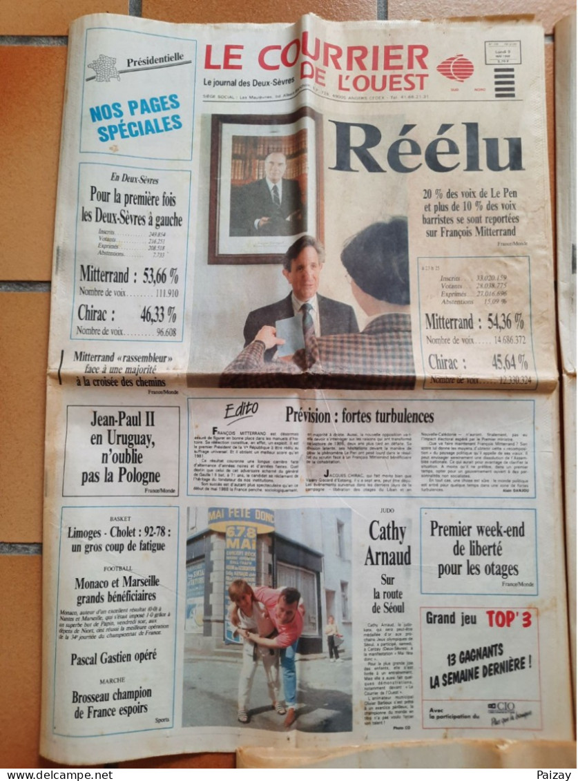 3 Journaux Courrier De L'ouest Élection Présidentiel Mitterrand Contre Chirac En 1988 - Geschiedenis