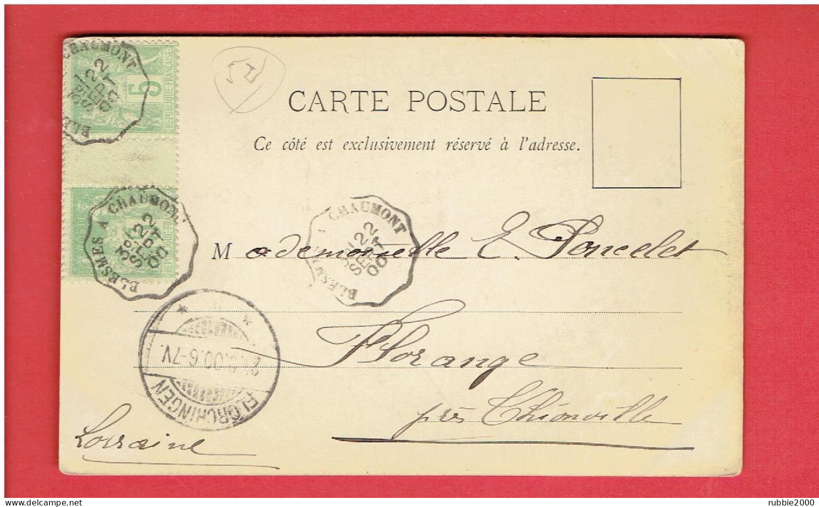 1900 PAIRE AVEC PONT TIMBRE N° 102 CACHET CONVOYEUR BLESMES 02 A CHAUMONT 52 CARTE POSTALE SAINT DIZIER GRAND PONT - 1898-1900 Sage (Type III)