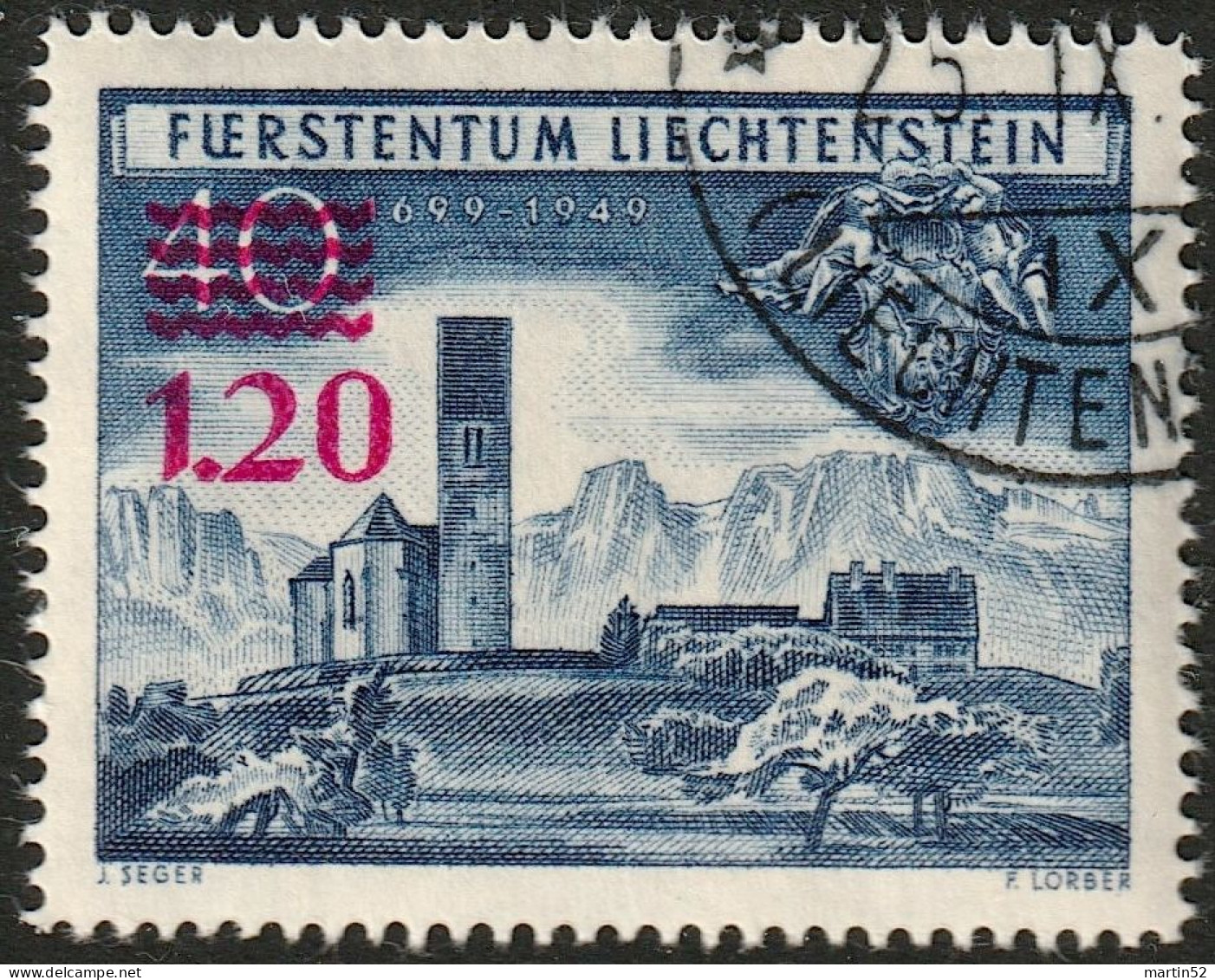 Liechtenstein 1952: Aufdruck Surcharge "1.20" (rot-rouge) Zu 254 Mi 310 Yv 271 Mit ET-⊙ VADUZ 25.IX.52 (Zu CHF 80.00) - Gebruikt