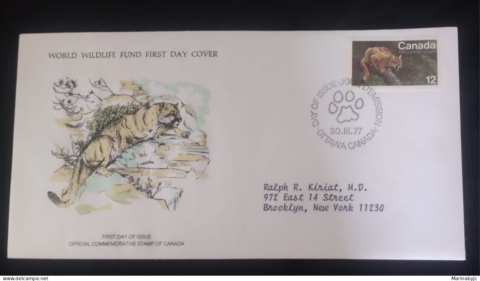 EL)1977 CANADA, WORLD WILDLIFE FUND, WWF, FAUNA IN DANGER OF EXTINCTION, PUMA, CIRCULATED TO NEW YORK - USA, FDC - Nuovi