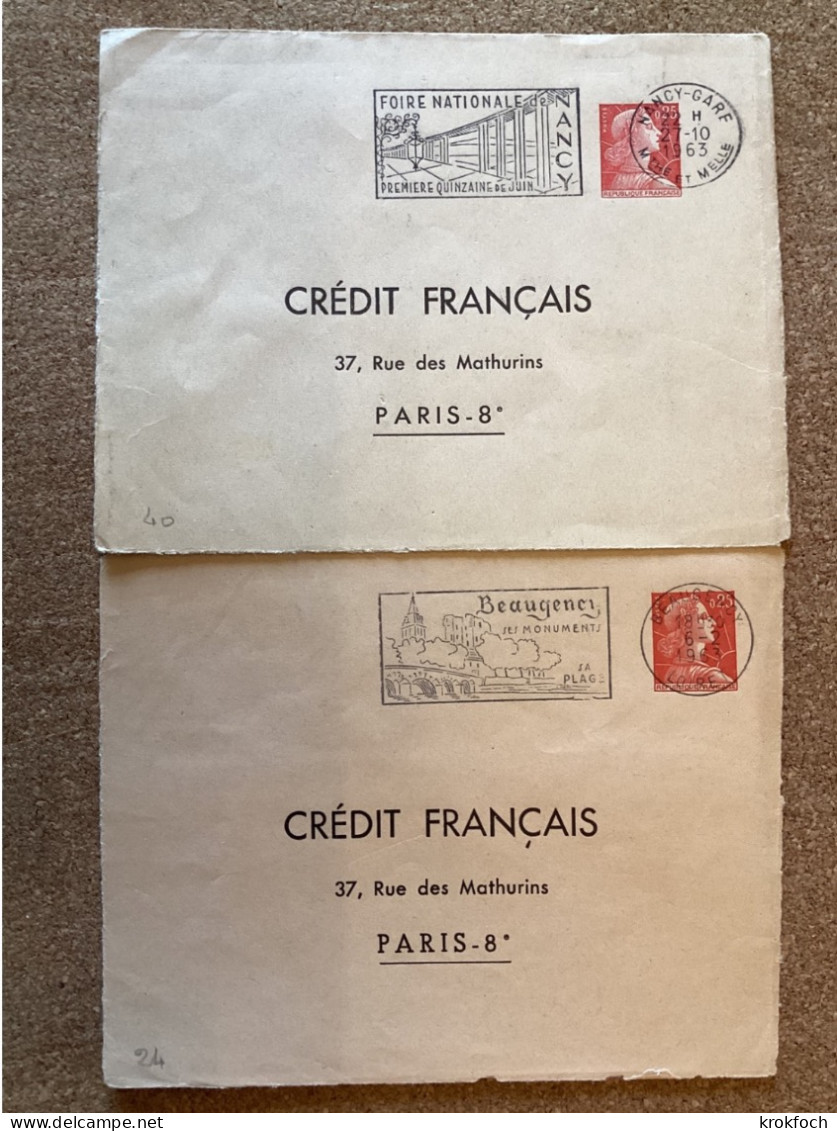 Muller 0,25 - Crédit Français - 2 Enveloppes TSC Avec Police Différente - Nancy Beaugency - Enveloppes Types Et TSC (avant 1995)