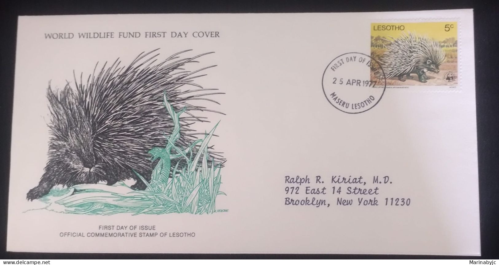 EL)1977 LESOTHO, WORLD WILDLIFE FUND, WWF, SOUTH AFRICAN PORCUPINE, CIRCULATED TO NEW YORK - USA, FDC - Lesotho (1966-...)