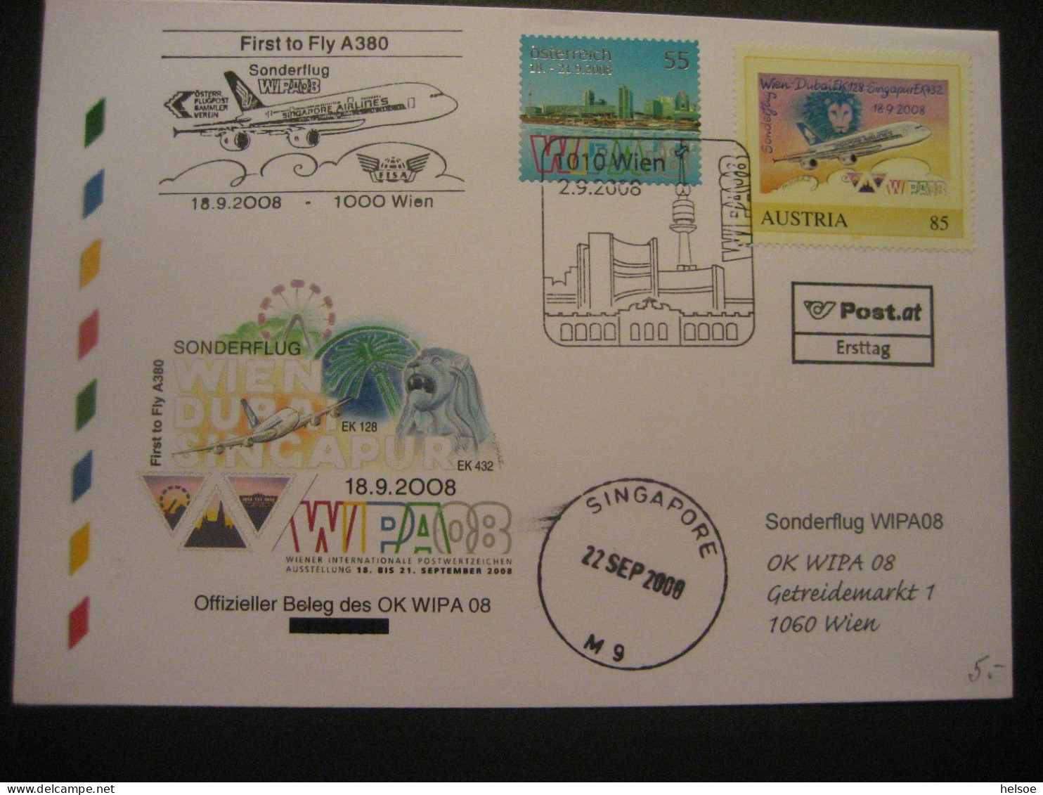 Österreich- WIPA08- Beleg, Erst- Sonderflug Wien - Singapore, FDC MiNr. 2761 Und PM WIPA08 Wien-Dubai-Singapore - Erst- U. Sonderflugbriefe