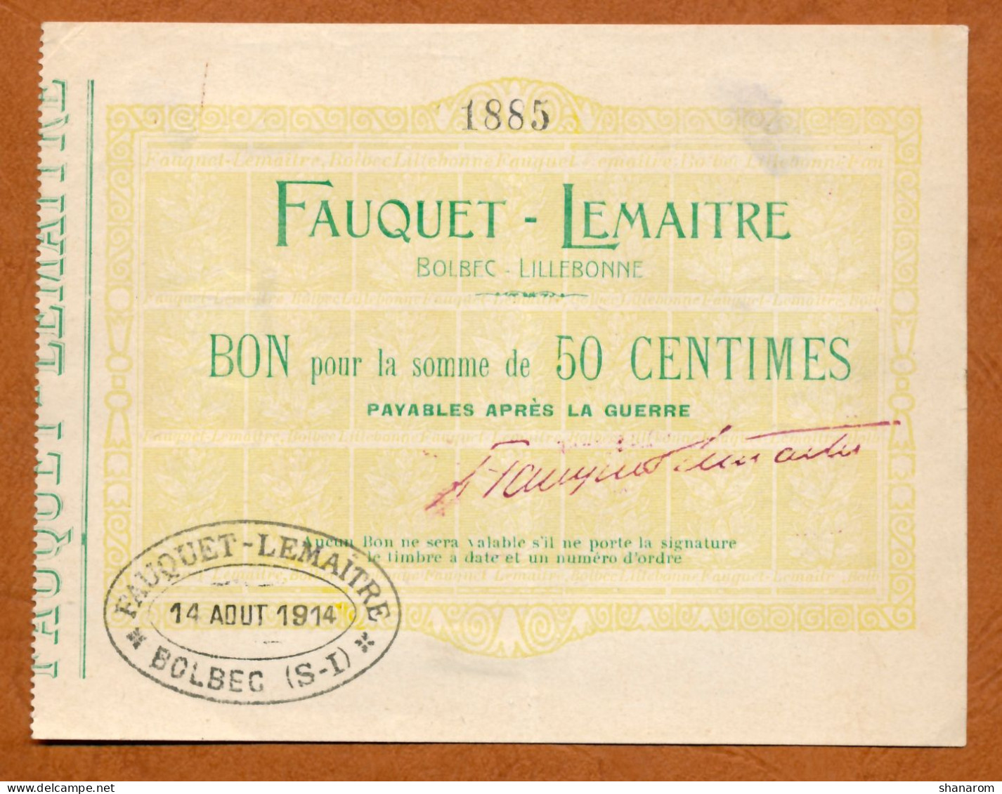 1914-1918 // VILLE DE BOLBEC-LILLEBONNE (Seine Maritime76) // FAUQUET-LEMAITRE // Août 1914 // Bon De 50 Centimes - Bonds & Basic Needs