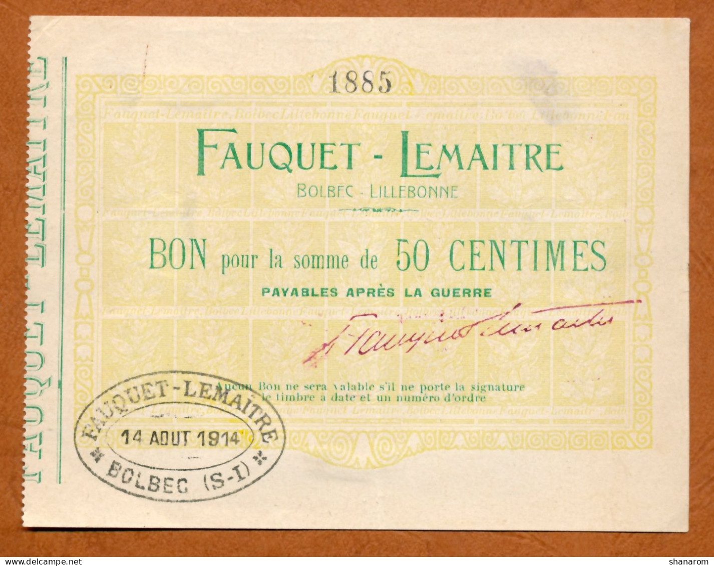 1914-1918 // VILLE DE BOLBEC-LILLEBONNE (Seine Maritime76) // FAUQUET-LEMAITRE // Août 1914 // Bon De 50 Centimes - Bonos