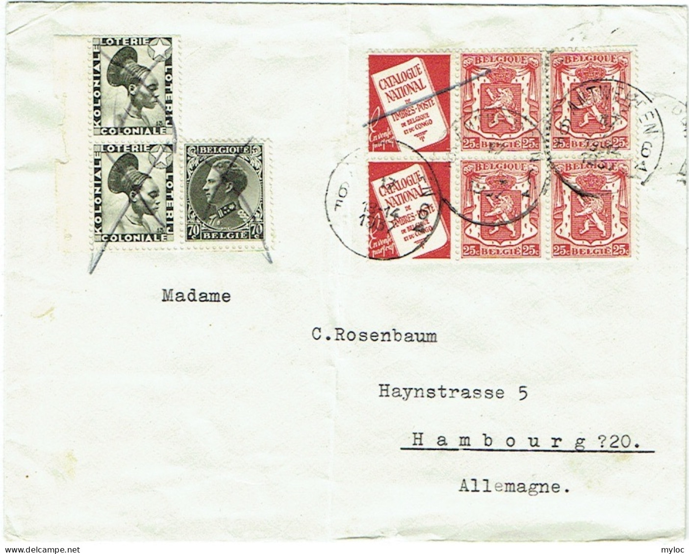 Loterie Coloniale, Léopold III Col Fermé, Catalogue National De Timbres-Poste De Belgique. Antwerpen To Hambourg 1937. - Lettres & Documents