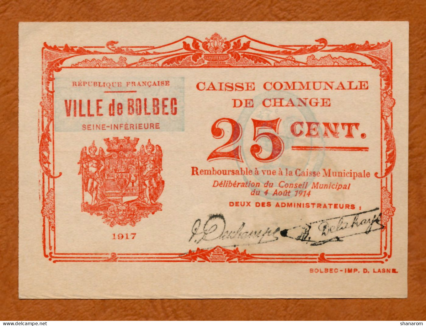 1914-1918 // VILLE DE BOLBEC (Seine Maritime76) // CAISSE COMMUNALE DE CHANGE // Août 1914 // Série 1917 - Bon De 25 Cts - Bons & Nécessité