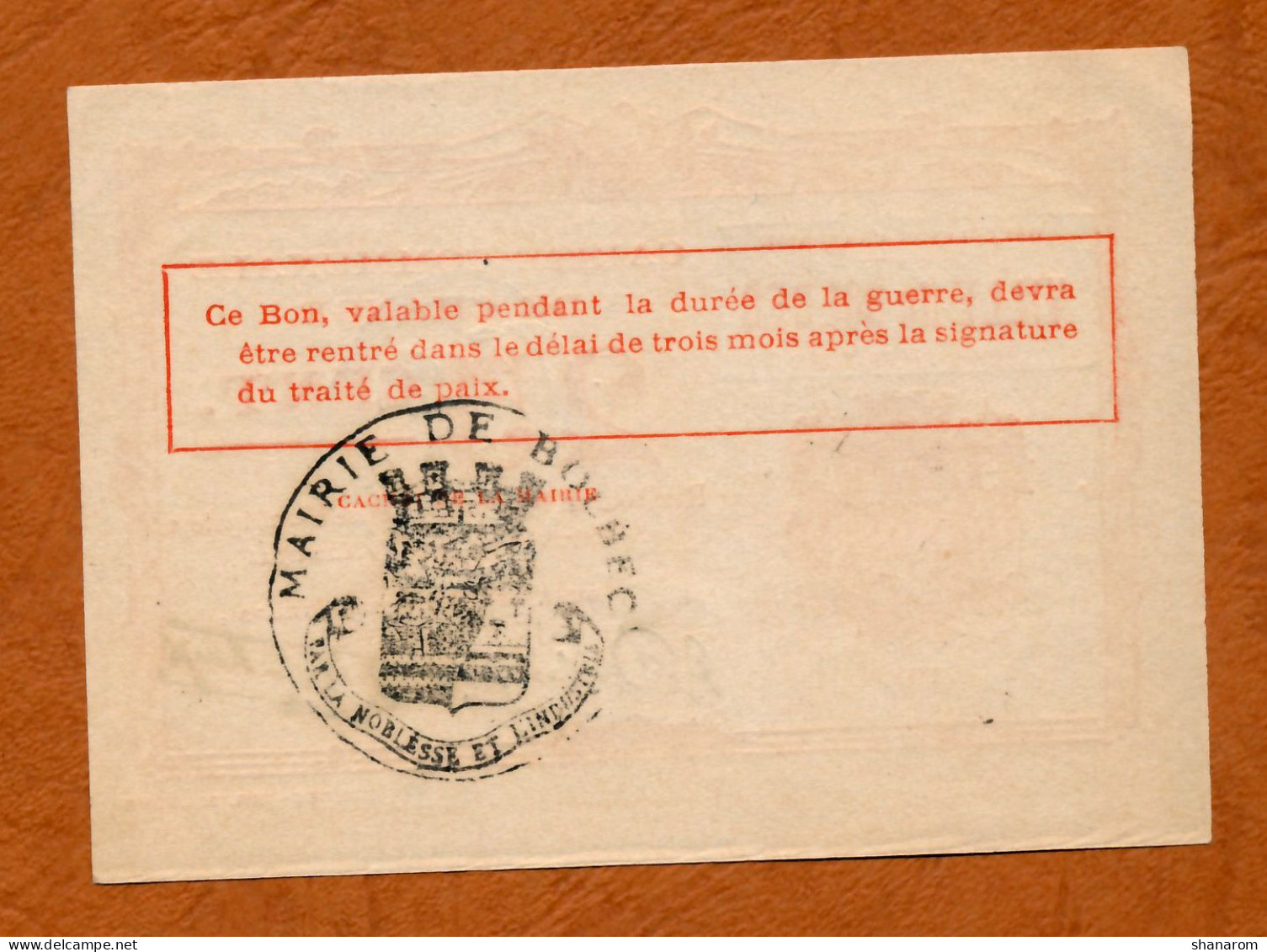1914-1918 // VILLE DE BOLBEC (Seine Maritime76) // CAISSE COMMUNALE DE CHANGE // Août 1914 // Série 1917 - Bon De 25 Cts - Bonos