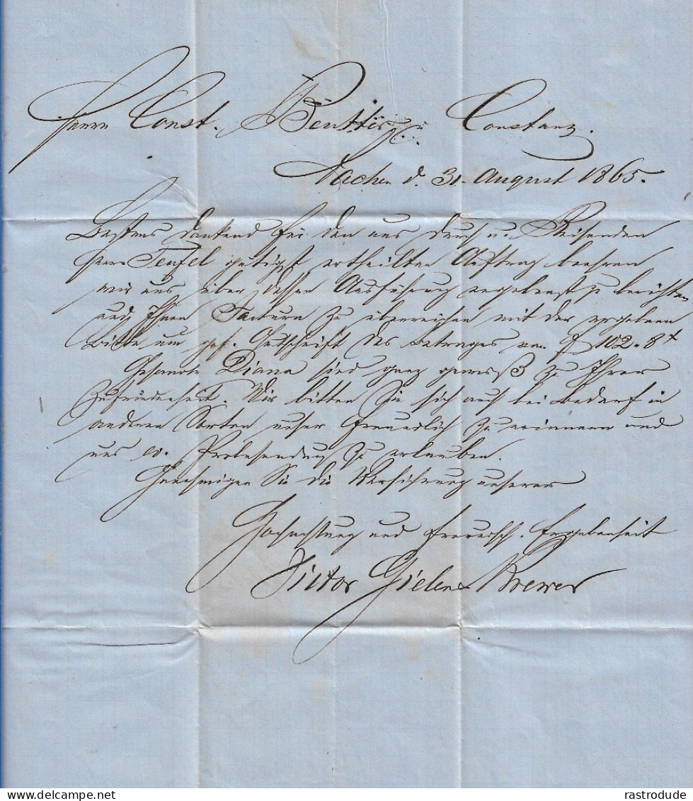 1865 PREUSSEN 3Sgr FALTBRIEF AACHEN N. KONSTANZ - BAHNPOSTSTEMPEL - ZIGARRENHERSTELLER - Lettres & Documents