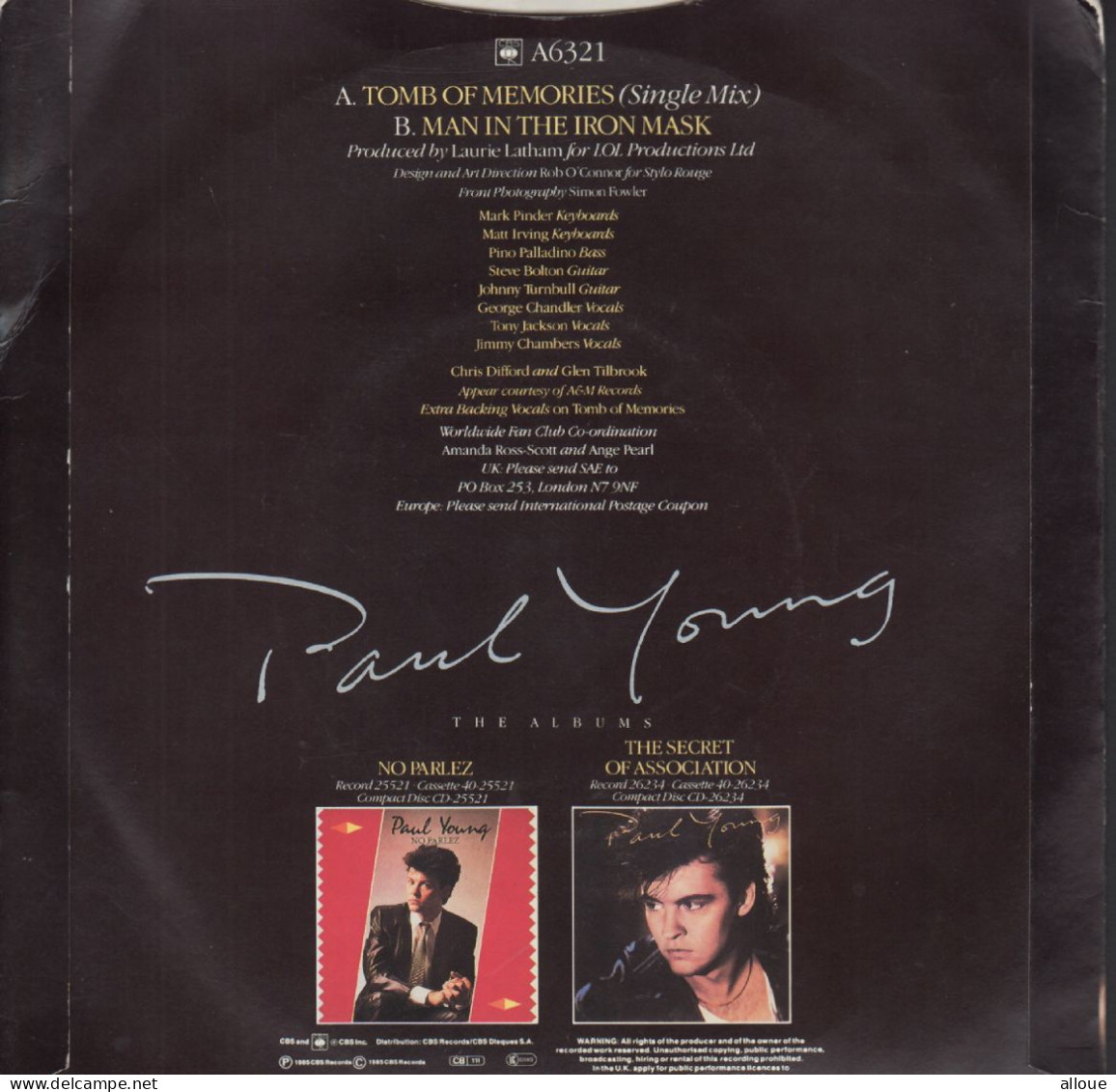 PAUL YOUNG - UK SG - A TOMB OF MEMORIES (SINGLE MIX) + 1 - Rock