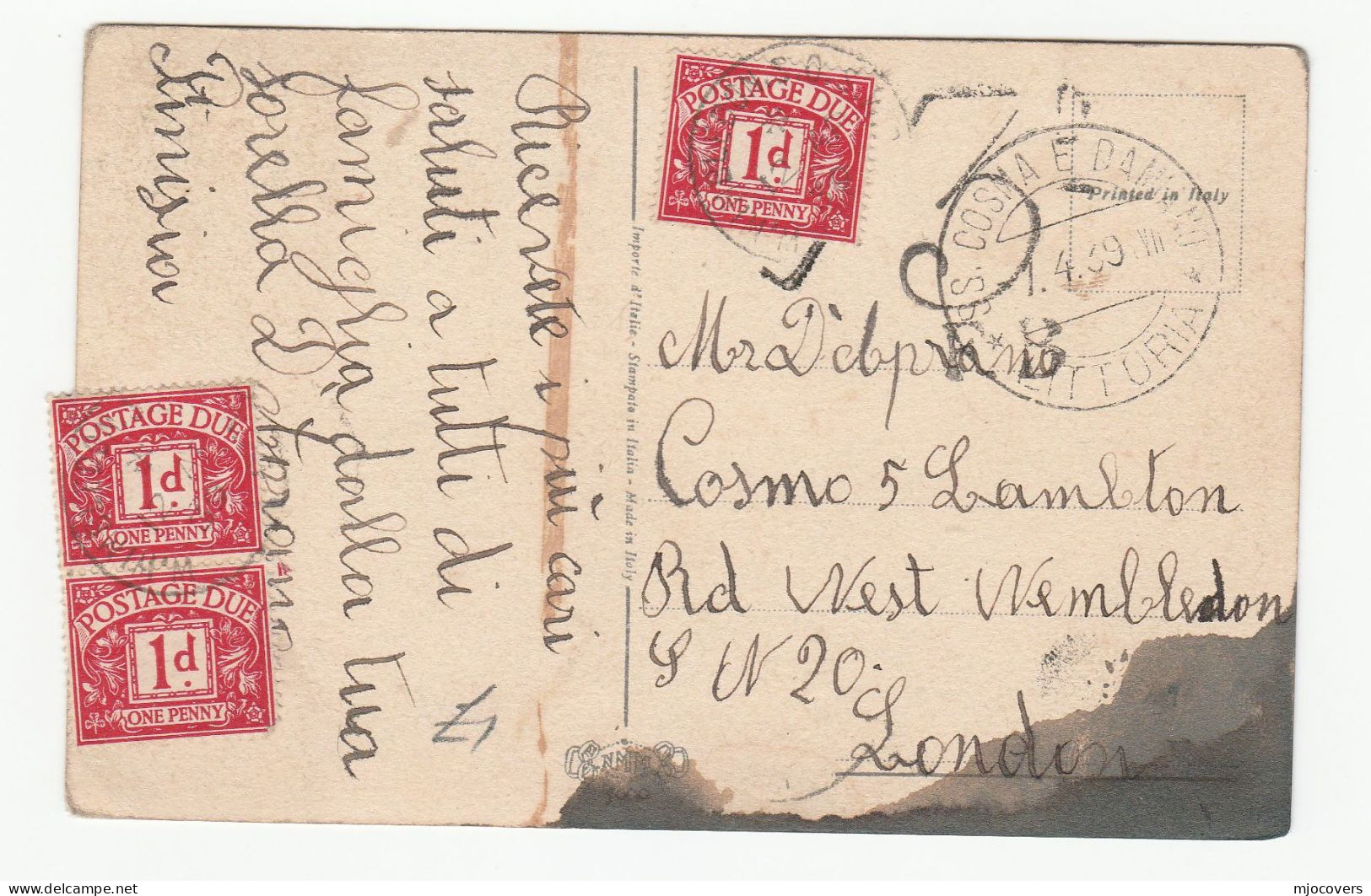 1939 POST DUE Wimbledon GB From SS  COSMA  E Damiano LITTORIA  Gaeta Italy Postcard  Postage Due Stamps Cover Religion - Covers & Documents