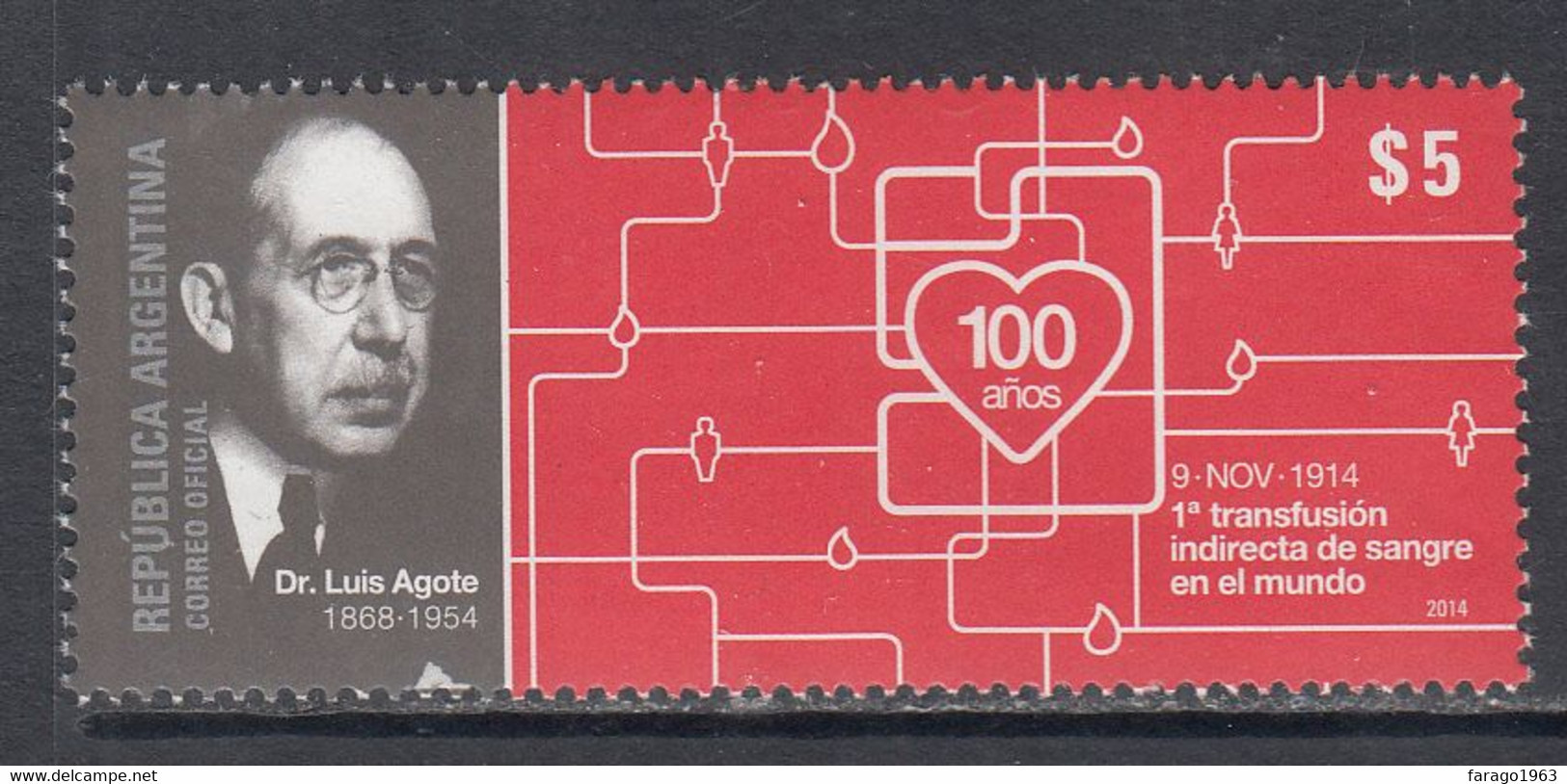 2014 Argentina Blood Transfusion Dr. Agote Health Medicine Complete Set Of 1 MNH - Unused Stamps
