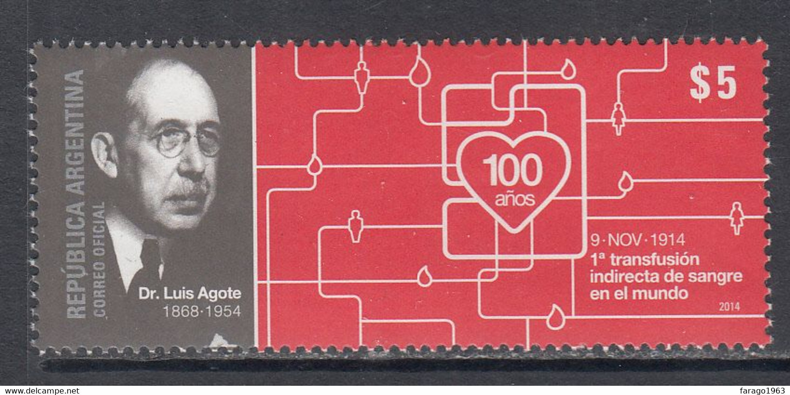 2014 Argentina Blood Transfusion Dr. Agote Health Medicine Complete Set Of 1 MNH - Ungebraucht